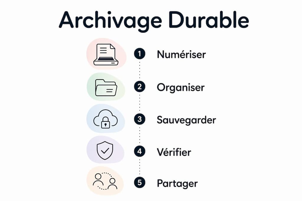 Visuel présentant les grandes étapes pour organiser et conserver les archives familiales
