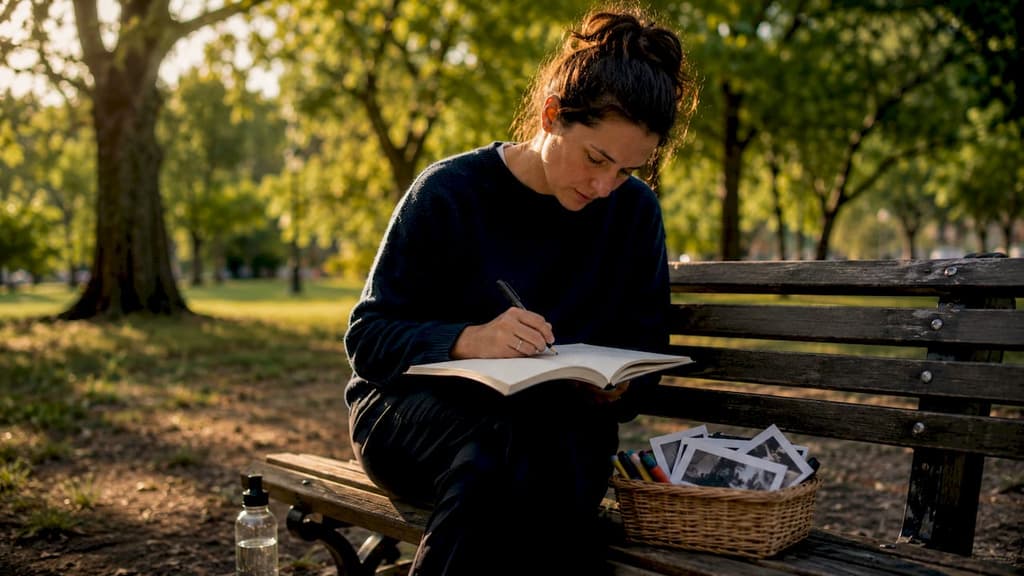 Une personne assise à la table, en train de rédiger le journal de famille.