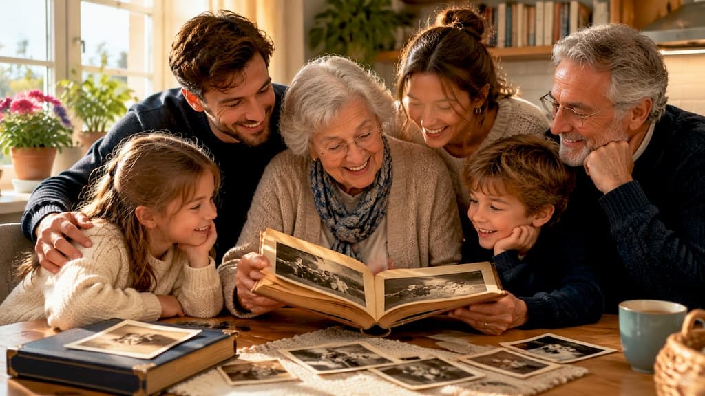 Une famille réunie autour d’un album photo, partageant ensemble leurs souvenirs.
