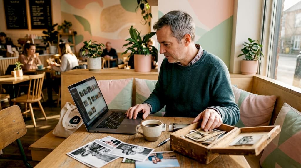 Un homme trie ses photos sur son ordinateur portable, installé à son bureau chez lui.