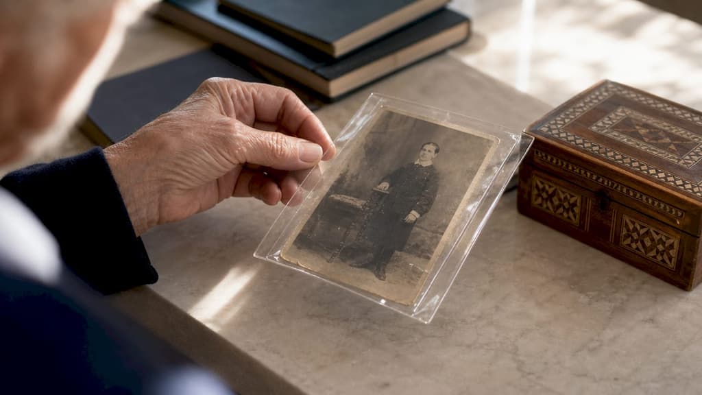 Une main tient une vieille photo soigneusement glissée dans une pochette en plastique pour la préserver.