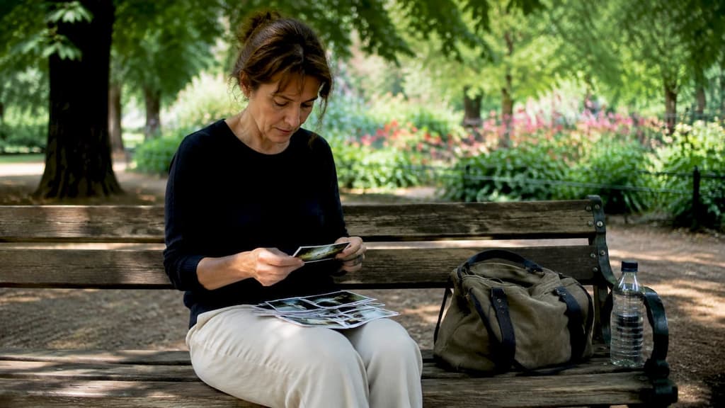 Une femme fait le tri dans ses photos papier, installée dehors.