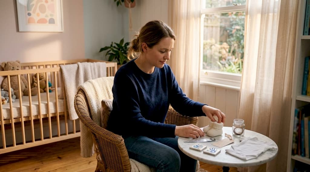 Une maman prend soin de disposer avec tendresse les souvenirs de son bébé sur la table.