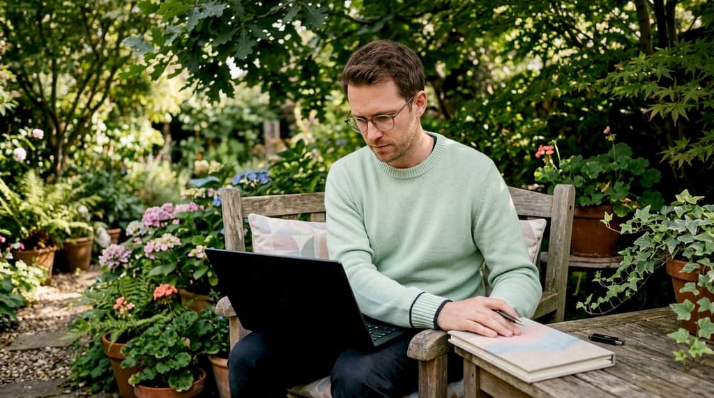 Un homme assis à son bureau sauvegarde ses photos numériques pour les protéger.