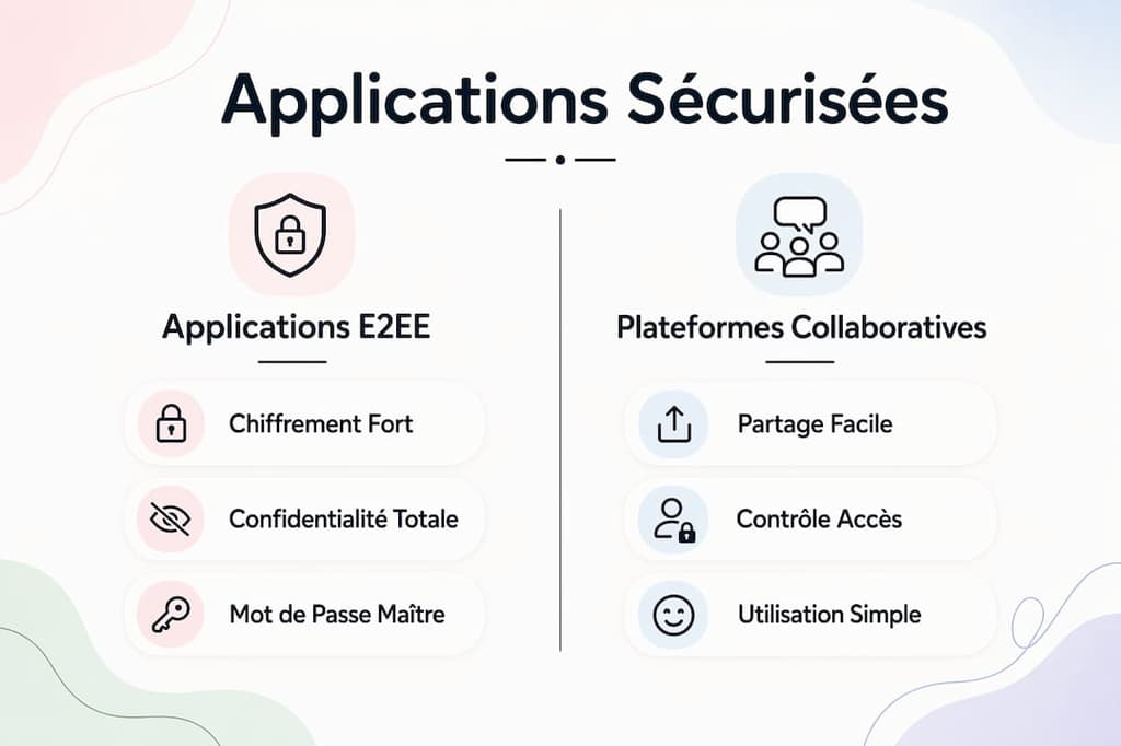 Infographie : comparaison entre les applications avec chiffrement de bout en bout et les outils collaboratifs