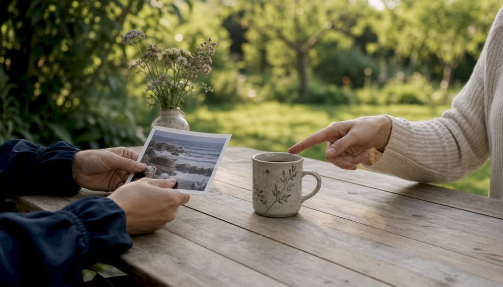 Des mains feuilletant un album photo et manipulant un téléphone