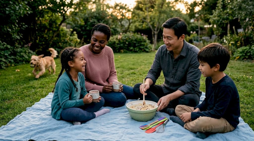 Une famille réunie autour du plan de travail, préparant un gâteau dans la lumière douce de la cuisine.