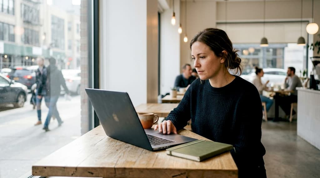 Une femme analyse les informations techniques d’une photo sur son ordinateur.