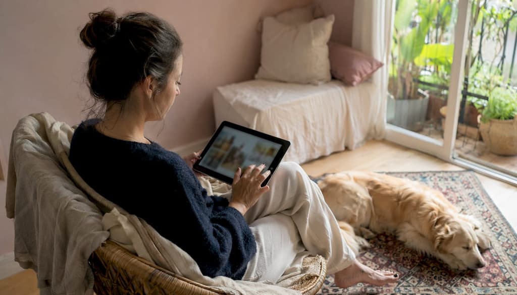 Une femme partage en toute tranquillité ses photos de famille depuis sa tablette.