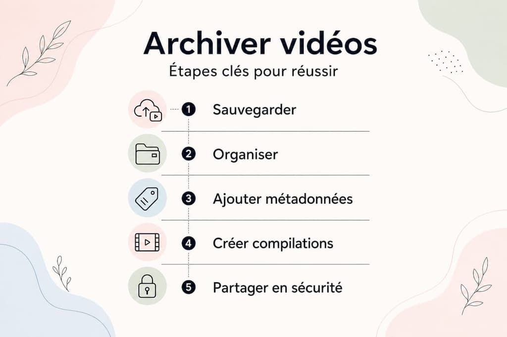 Découvrez, en infographie, les étapes essentielles pour conserver et organiser vos vidéos de façon optimale.