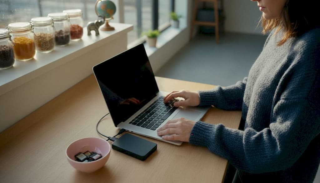 Des mains en train de connecter un disque dur externe à un smartphone