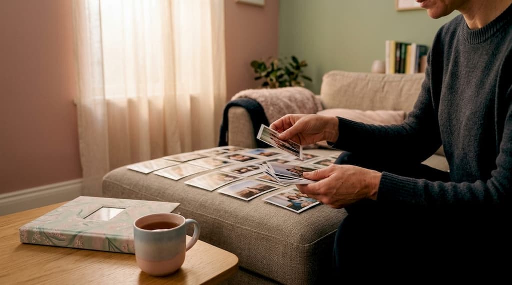 Des mains en train de trier des photos papier sur un bureau