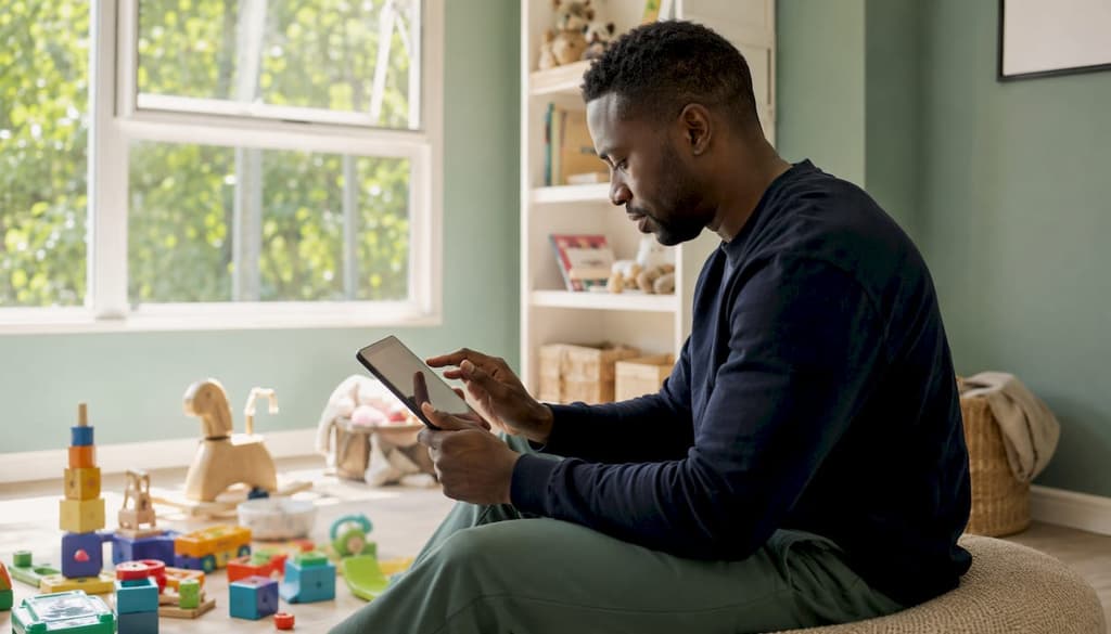 Un papa profite d’un après-midi au parc pour consulter des applications familiales sur sa tablette.
