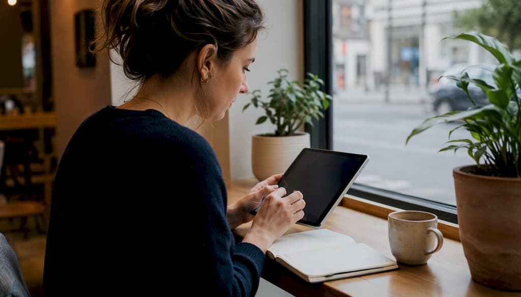Une femme consulte sa tablette à la recherche d'applications familiales alternatives.