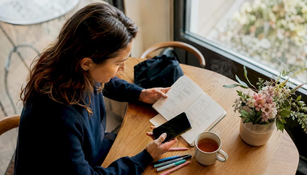 Une femme passe en revue différentes applications familiales sur son smartphone pour trouver celle qui correspond le mieux à ses besoins.