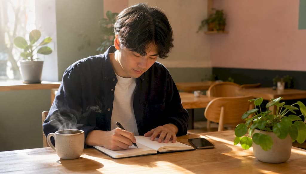 Un jeune homme assis à son bureau chez lui, en train de rédiger une invitation.