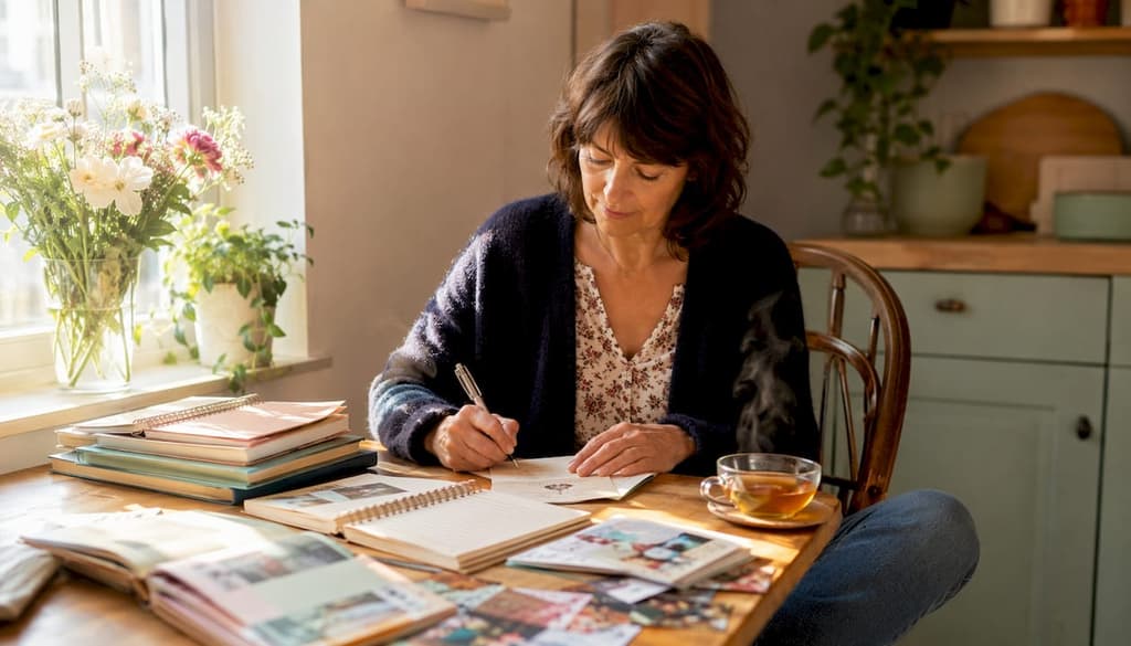 Une femme rédige une invitation pour participer à un journal collaboratif.