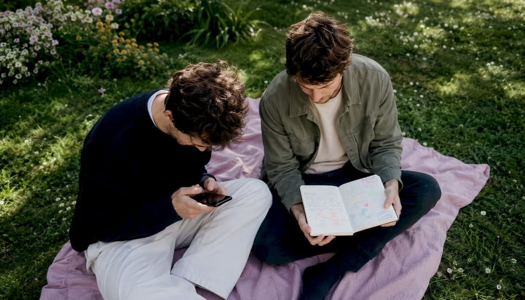 Deux amis, installés à la terrasse d’un café, travaillent ensemble sur un carnet de souvenirs, échangeant rires et anecdotes autour d’un café fumant.