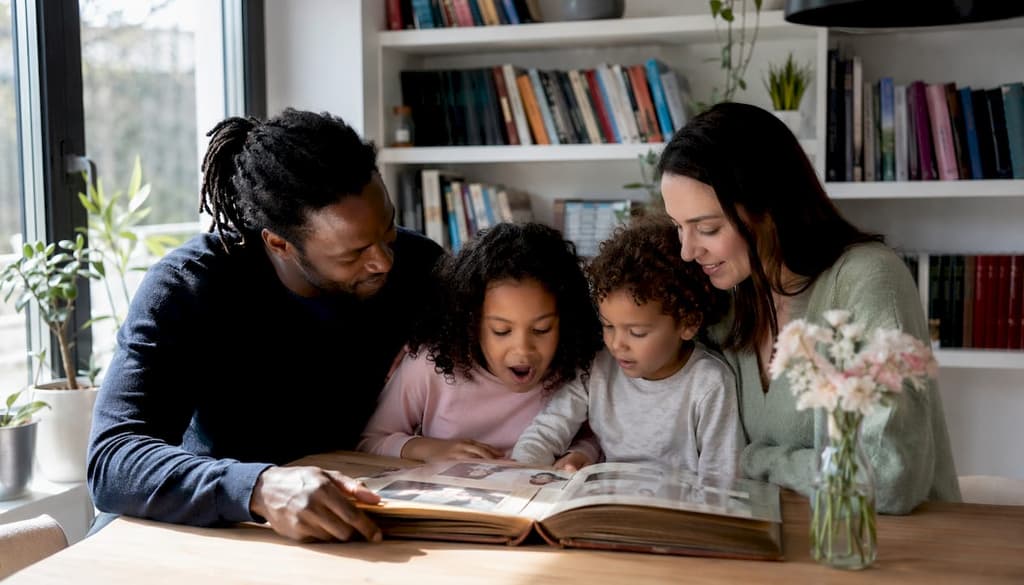 Une famille feuillette ensemble un album de souvenirs, installée confortablement dans le salon, baigné d’une ambiance chaleureuse.