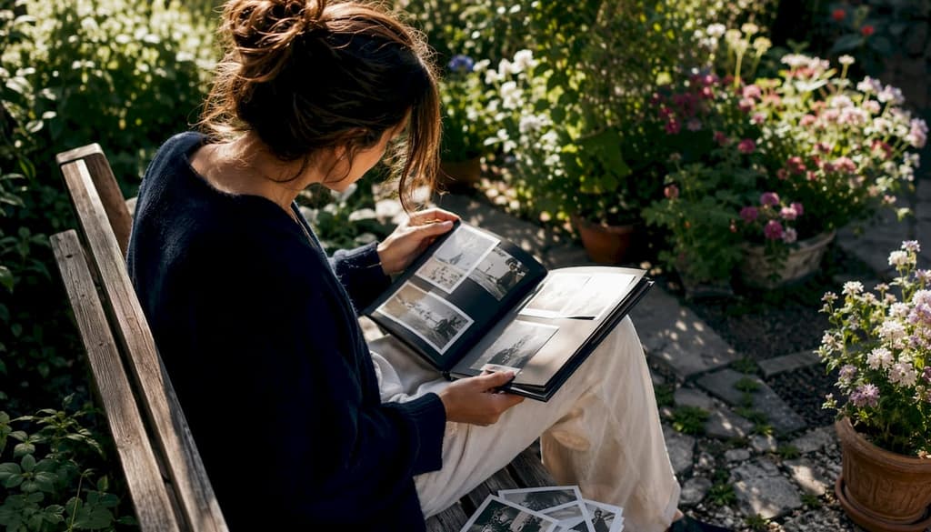 Une femme feuillette un album photo tout en consultant sa tablette dans le salon.