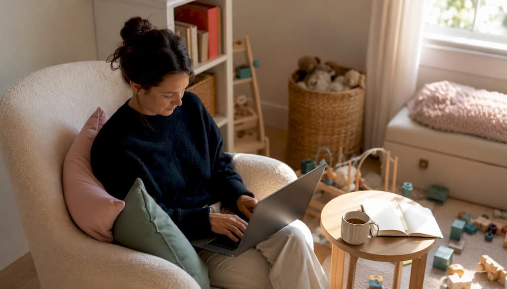 Une maman feuillette le journal de la famille sur sa tablette, confortablement installée dans le salon.
