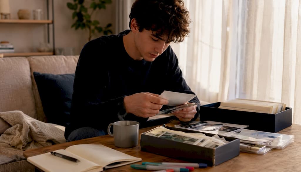 Un homme trie de vieilles photos de famille sur la table de la cuisine, plongé dans ses souvenirs.