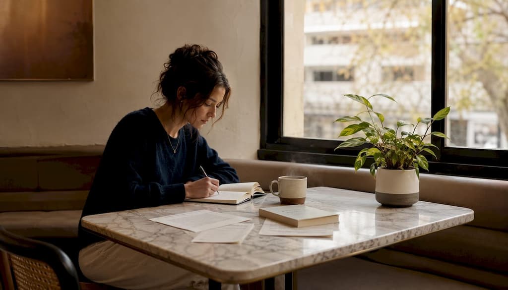 Une femme installée dans son salon, en train de confier ses pensées à son journal intime.
