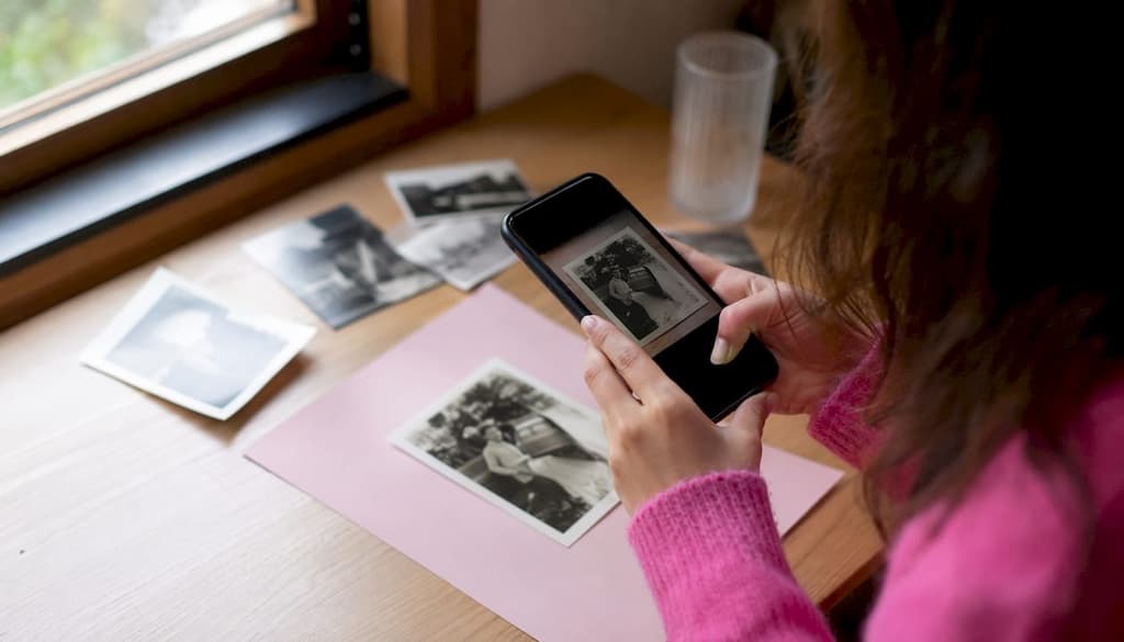 Des mains photographient une vieille photo avec un smartphone