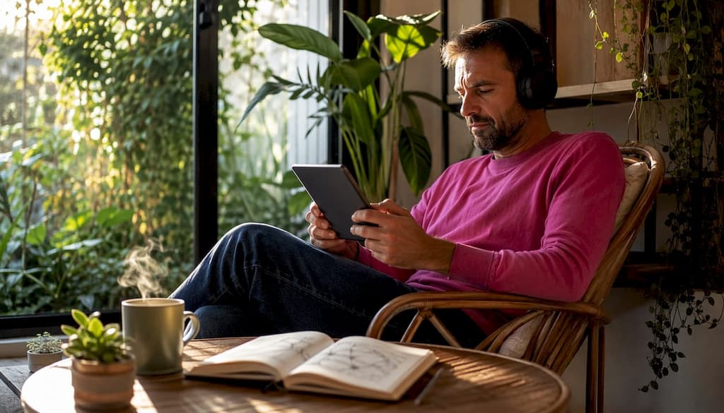 Un homme profite d’un texte audio parfaitement synchronisé pendant qu’il travaille au bureau.