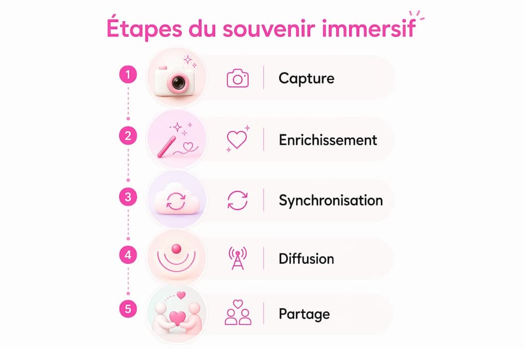 Infographie illustrant les différentes étapes pour vivre une expérience de souvenir immersif