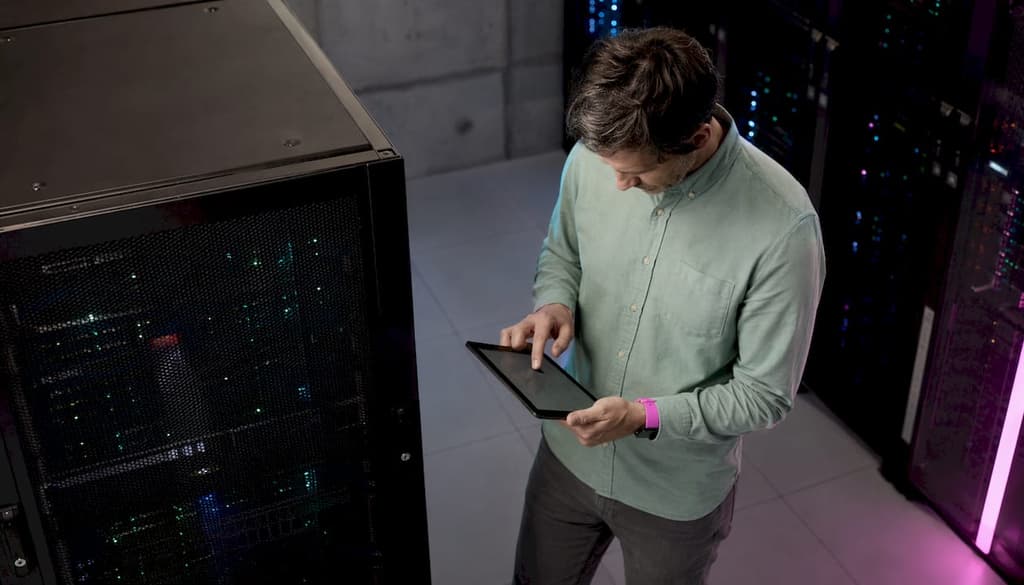 Un expert en informatique en train de vérifier l’état des équipements dans une salle serveurs.