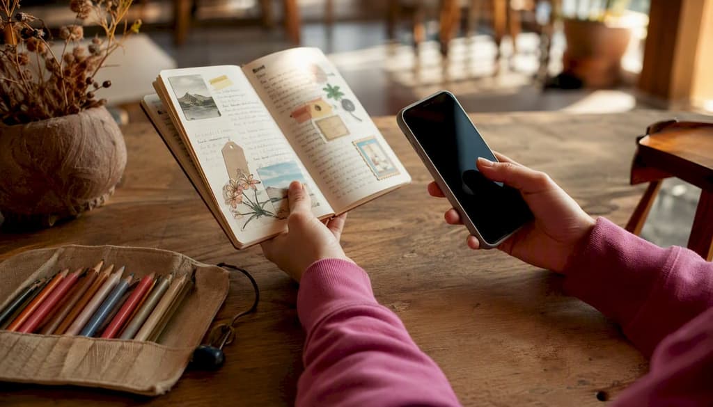 Des mains qui comparent un carnet en papier et un smartphone, illustrant le choix entre tradition et modernité.