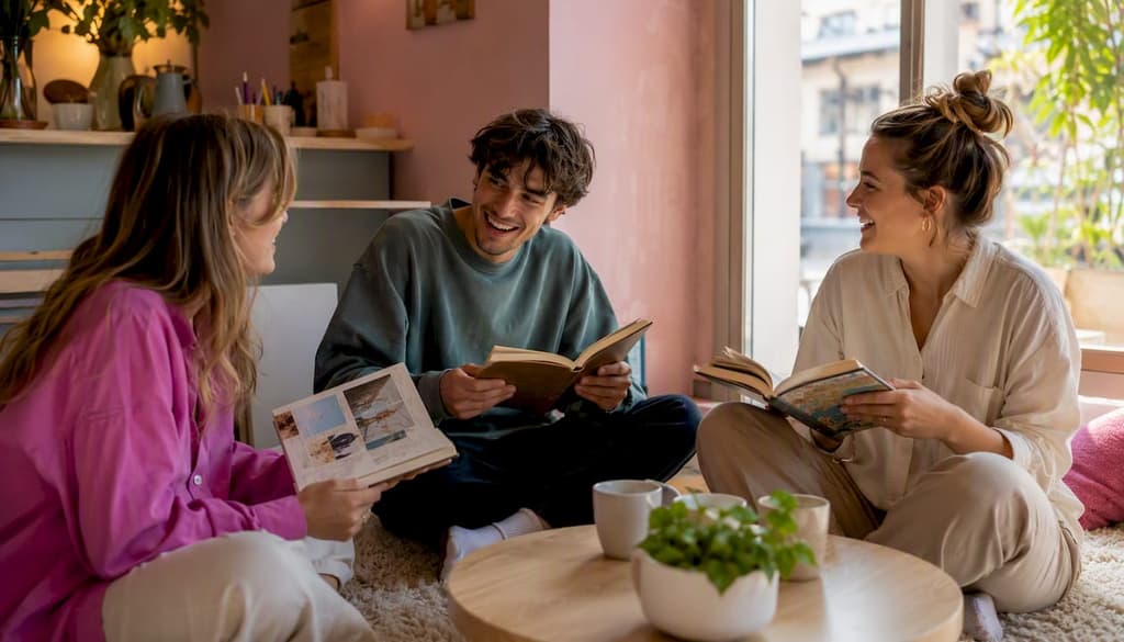En fin de soirée, des amis confortablement installés sur le canapé feuillettent ensemble un carnet de voyage, échangeant souvenirs et anecdotes.