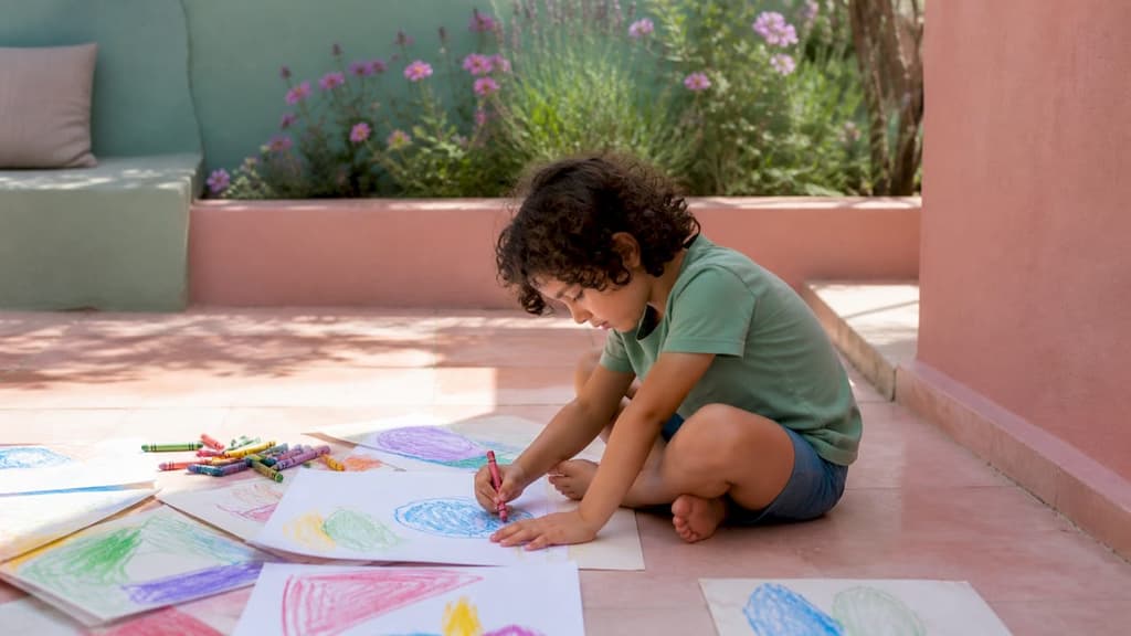 Un enfant s'amuse à colorier des dessins avec ses crayons de couleur.