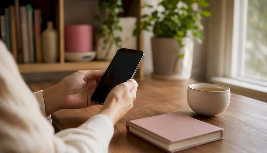 Une personne tient son smartphone à écran éteint, assise à son bureau à la maison.