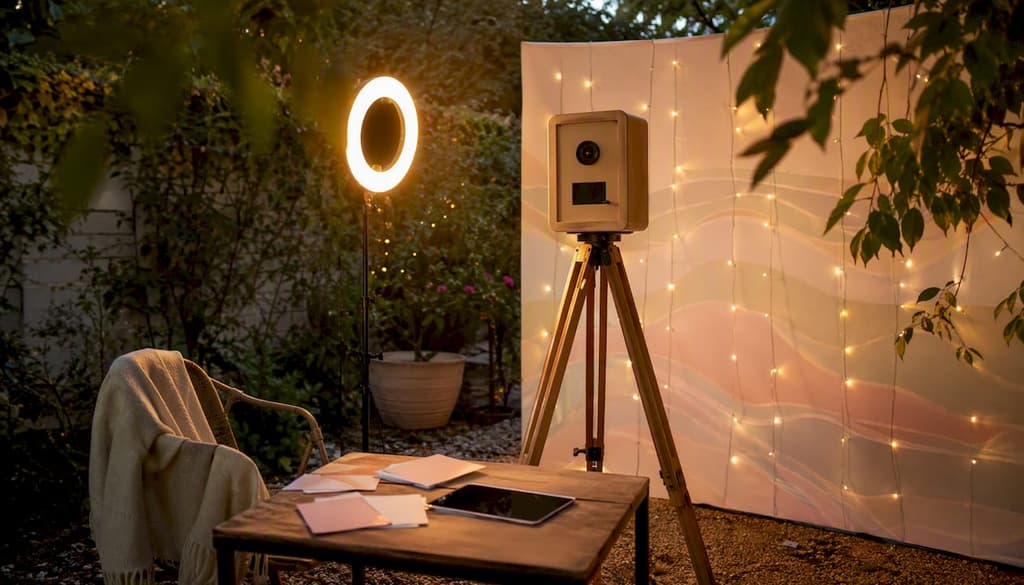 Un coin photobooth aménagé dans le salon, ambiance chaleureuse garantie.