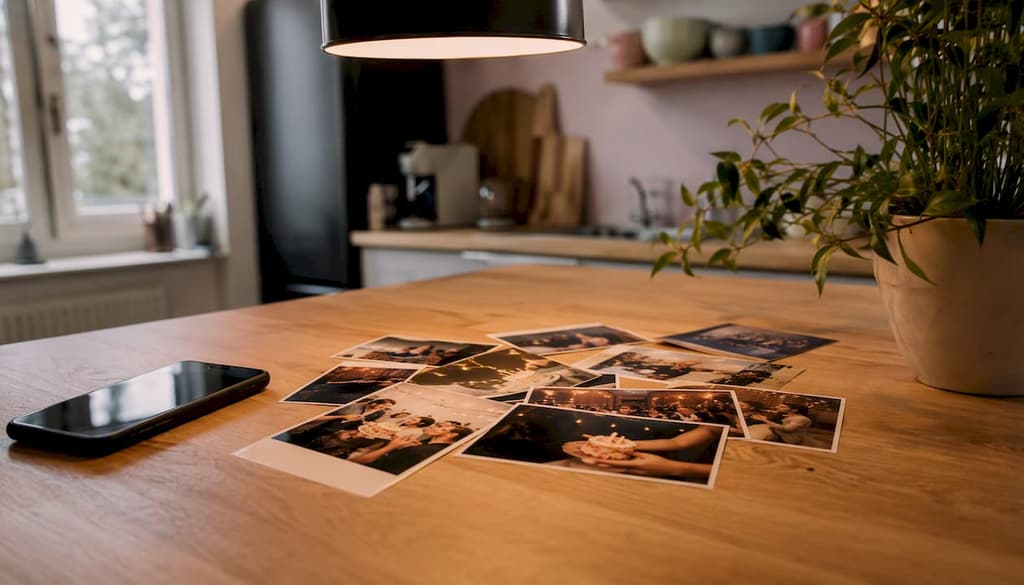 Quelques tirages photo éparpillés sur une table chaleureuse, à côté d’un smartphone.