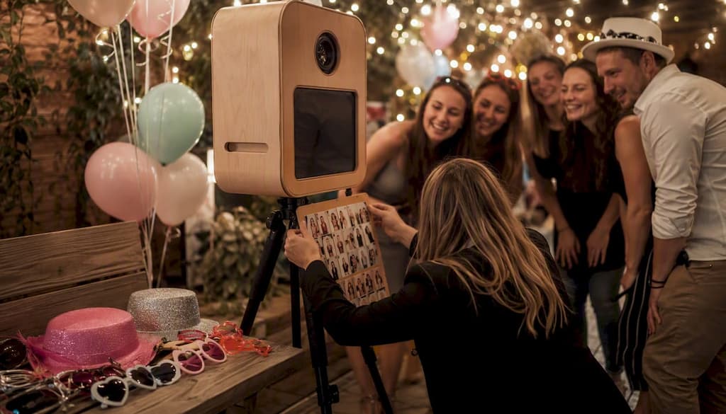 Des mains repositionnent la fiche d’exemples de poses pour le photomaton.
