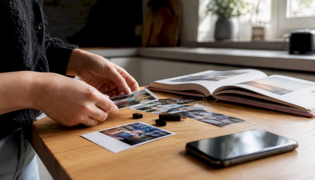 Des mains trient et rangent des photos et des clés USB sur la table.