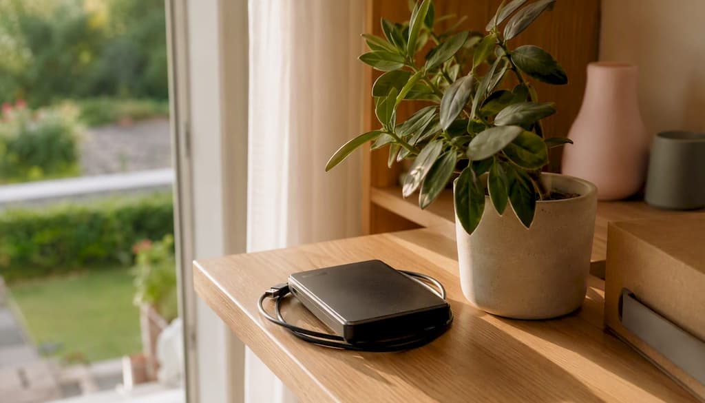 Un disque dur externe posé sur une étagère, avec son câble à côté.