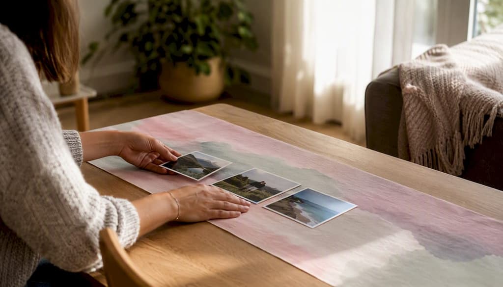 Des mains trient des photos posées sur une table, près d’un magnétophone.