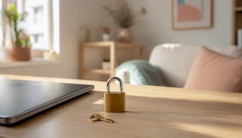 Un cadenas accompagné de sa clé posé sur un bureau en bois, évoquant la notion de sécurité.