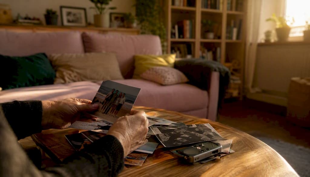 Des mains qui disposent des photos de famille sur la table basse.