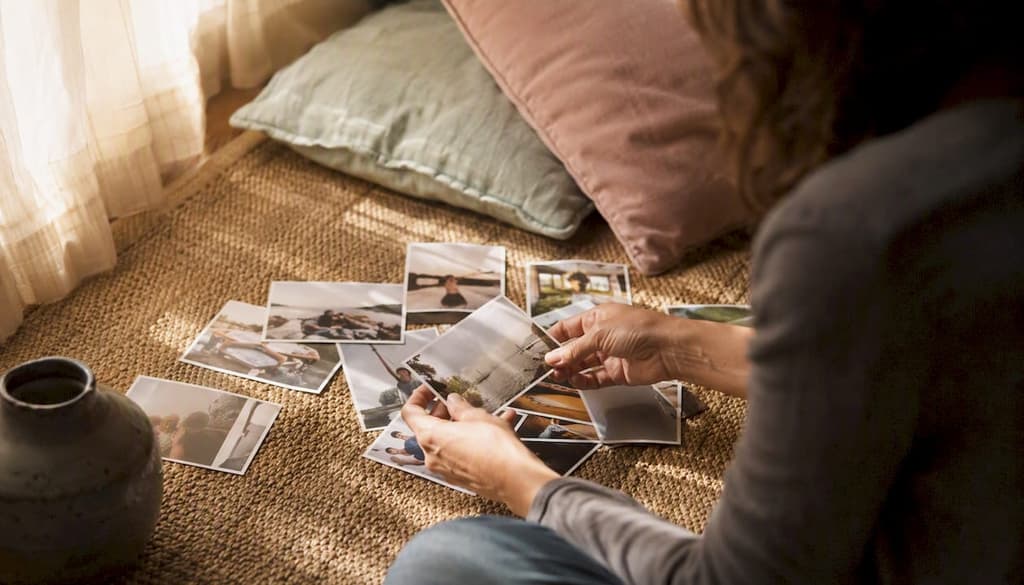 Une personne en train de disposer des tirages photo sur la table.
