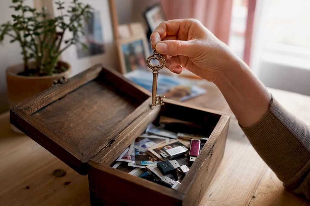 Des mains tiennent une clé au-dessus d’une boîte à souvenirs fermée.