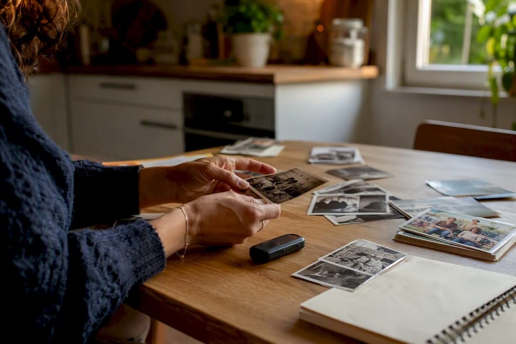 Des mains déposent une vieille photo de famille sur la table.