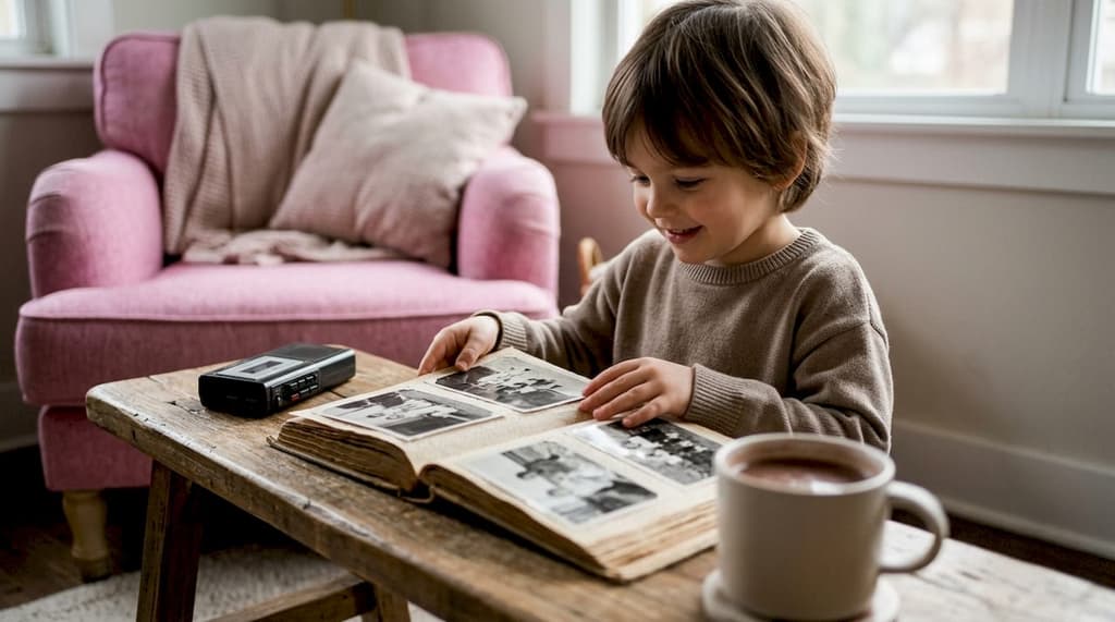 Des mains feuilletant un album photo ancien, avec un vieux magnétophone posé à côté.