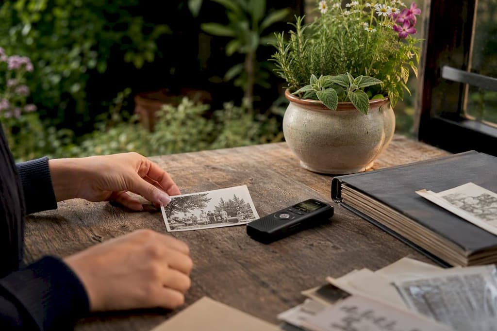Des mains déposent une photo et un dictaphone sur la table