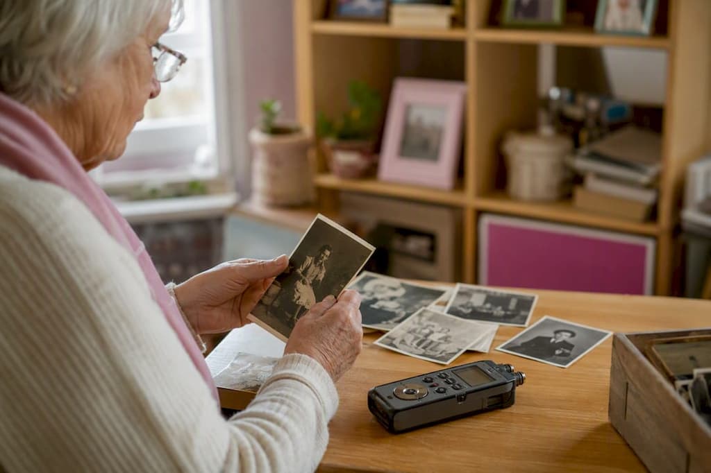 Photos anciennes et enregistreur audio sur le bureau