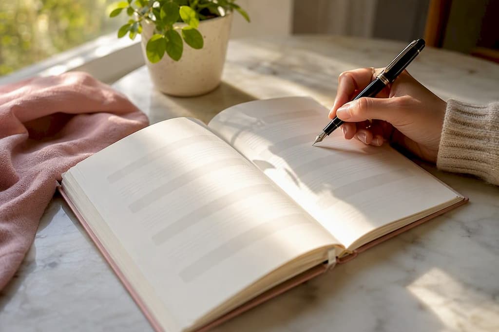 Journal familial guidé ouvert avec un stylo